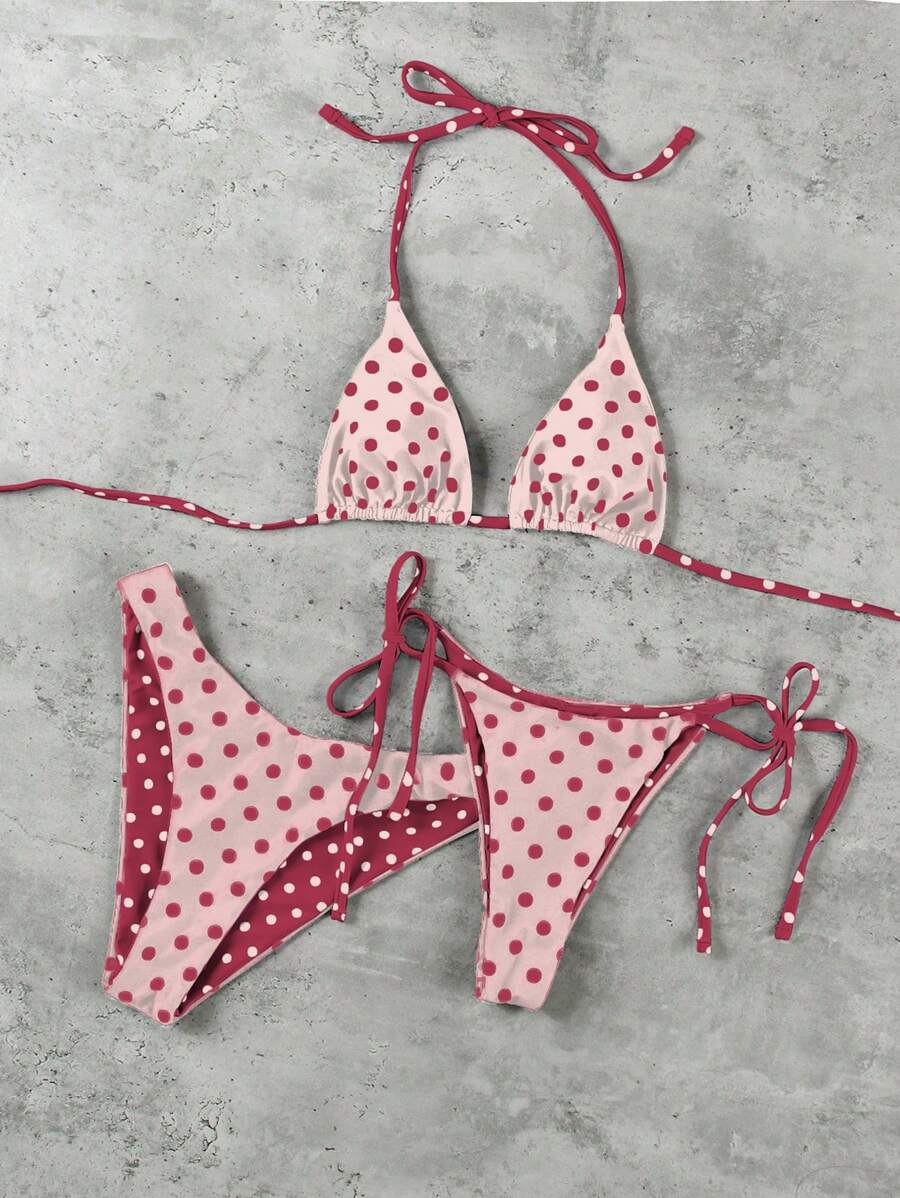 Valentine's Day Sexy Polka Dot Print 3-Piece Women's Halter Bikini Swimsuit - Multicolor - View 1
