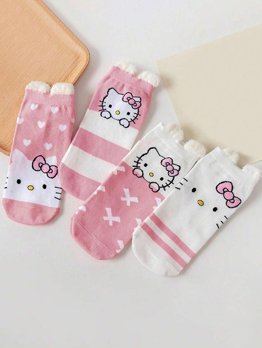 Sanrio 1 paire/4 paires de chaussettes décontractées simples et mignonnes Hello chat & Charmmy chat de Sanrio, absorbantes et confortables pour dames