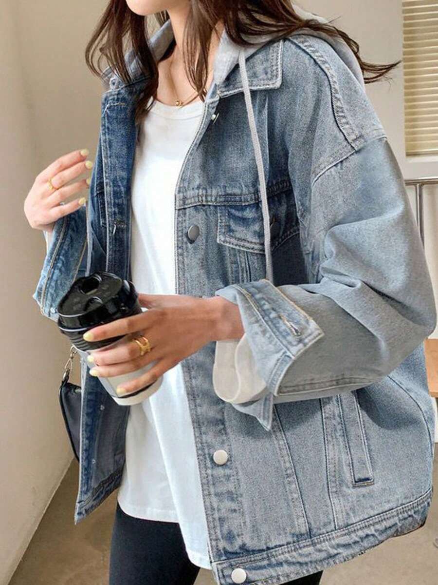 New Women's Retro Vintage Loose Hooded Denim Jacket, Single Breasted Flip Pocket Hooded Sweatshirt, Suitable For Autumn - 藍色 - 查看 1