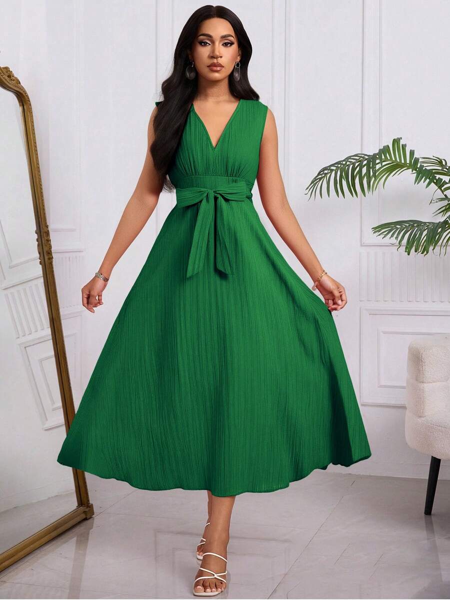 Elegant Vestido Tank Textura Con Cordones Con Lazo Para Mujer, Vestido Largo De Moda Con Cuello En V Y Cintura Alta Ajustable,Vestido Casual De Línea A Unicolor - Verde - Ver 1