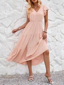 Vestido Maxi Suave y Cómodo de Verano para Dama, Cuello en V, Manga Corta con Volantes, Fresco y Transpirable - Rosa - Ver 3
