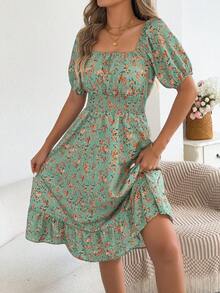 Váy ngắn tay bồng họa tiết hoa dây rút cho kỳ nghỉ giản dị dành cho nữ, Xuân/Hè - Màu xanh nhạt - Xem 4