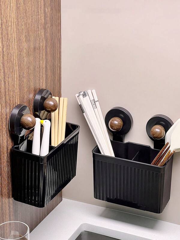 1/2pcs Wall-Mounted Suction Cup Tableware Storage Rack, Drainage Chopstick Rack, Wooden Chopsticks, Knife And Fork Sorting And Organizing Rack, Multi-Function Tableware Organizer, Bathroom Storage Rack, Home Storage And Organization