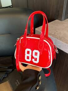 时尚新款女士手提保龄球包，简约别致的数字印花纯色 PU 涂层，带有金属装饰，底部铆钉装饰，双拉链开口，轻巧宽敞，适合旅行、购物、约会