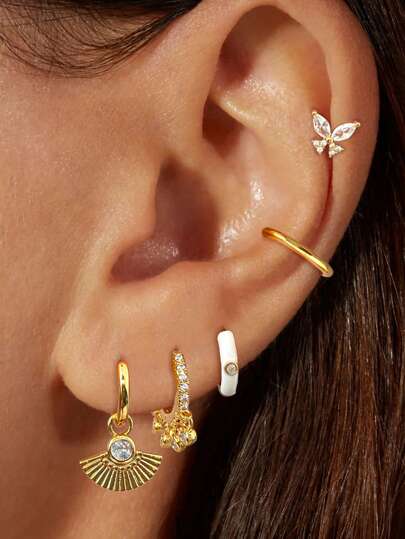 Conjunto de 5 pares de pendientes de aro y de mariposa con circonitas cúbicas chapadas en oro lúcido, para mujeres