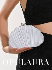 OpulAura 女士优雅/奢华褶皱缎面盒状手拿包，浪漫婚礼手提包，别致礼服钱包，简约杏色盒状包，配有可拆卸链条，适合作为节日礼物 - 銀色 - 查看 8