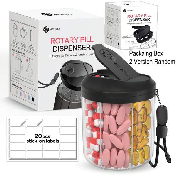 Pill Dispenser Holds 1 Monthly Vitamins, Supplement Pill Box Easy To Retrieve, Pill Organiser With Anti-Mixing & Wide Openings Designs, Medication Organiser Includes 20 Sticky Labels
