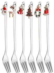 6PCS不锈钢圣诞勺高美咖啡勺甜品勺叉跨境圣诞挂件勺叉手持礼物精美圣诞节咖啡勺水果叉餐具套装 - 彩色 - 查看 2