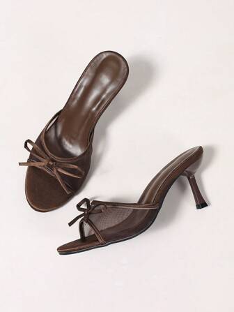 Women's Breathable Mesh Open Toe High Heel Sandals, Bowknot Decor, Versatile Minimalist Style Summer New Arrival