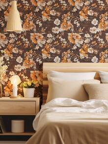 1卷 1米/3米/5米 复古棕色花朵叶子乡村风格墙面装饰墙纸可剥离自粘式接触纸乙烯基壁纸 DIY 家居装饰房间背景卧室厨房客厅浴室柜桌椅家具翻新覆盖纸