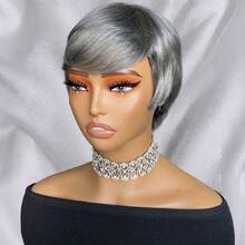 Peluca de cabello humano corto y recto con flequillo, de color gris plateado, con un corte pixie en capas, lista para usar. Versátil para peinar y recortar para disfraces de Halloween. - SGray - Ver 6