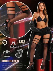 1 pieza Medias altas con remaches y calado para mujer, medias transparentes y sensuales sobre la rodilla