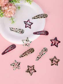 16pcs Leopard Pattern Teardrop & Star Hair Clips, Sweet & Cute Y2K Bangs Barrettes For Daily Wear And Commute Claw Clips
