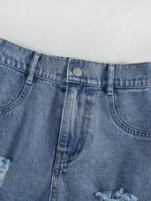 1 条装 女童青少年时尚破洞流苏休闲直筒牛仔裤，街头风格，百搭 - 中等水洗藍 - 查看 4