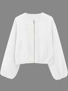 女士棒球夹克飞行员夹克街头风圆领落肩灯笼袖拉链开衫外套，秋冬白色春季款 - 白色 - 查看 7