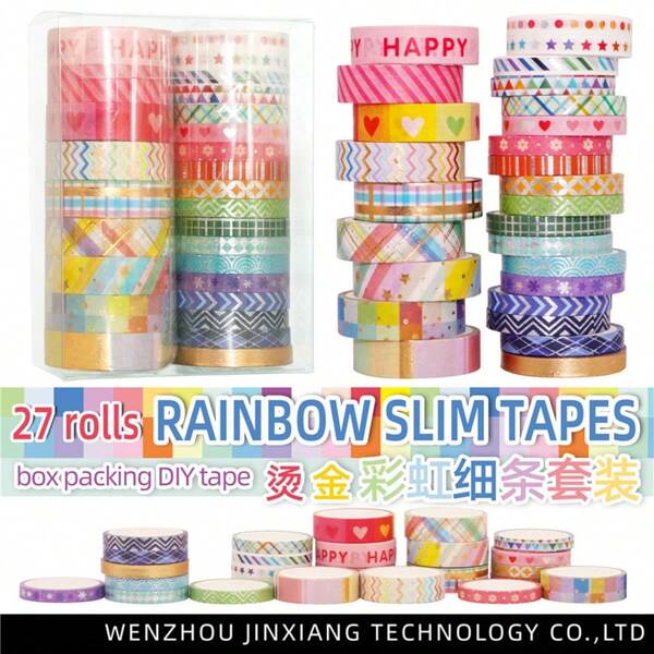 Set di 27 rotoli di nastro washi arcobaleno, nastro decorativo in carta metallizzata e con motivi per la scrittura di diari, planner, fai da te, artigianato, scrapbooking, confezioni regalo