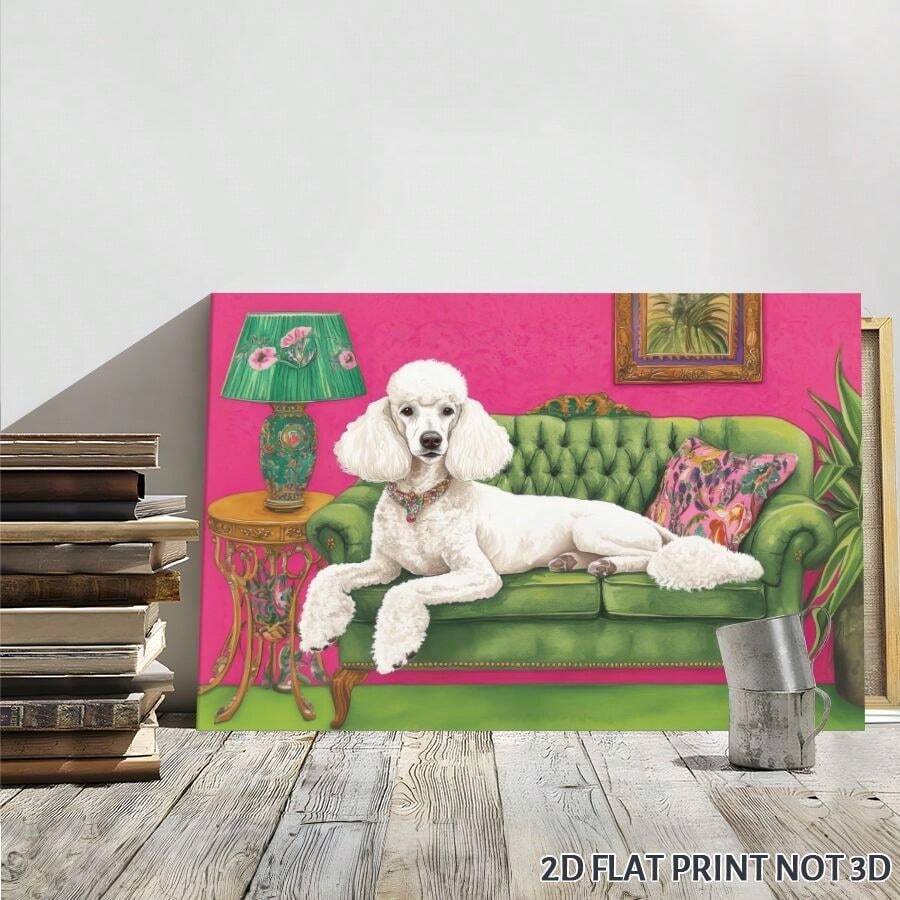 1pc Poodle, Vintage Sofa, Art Deco Style Framed Wall Art - Canvas Prints Poster, Ready To Hang - Home Decor, Ideal For Home, Office Wall Decor, Family Gift, Living Room Bedroom Wall Decor, 2D Flat - 杏色 - 查看 1