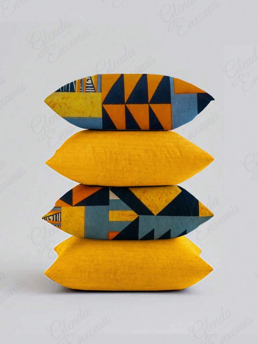 (4 Units) 45x45 Pillow Covers – 2 Plain And 2 Printed – Assorted Colors – AL - Orange-yellow Geometric - View 1