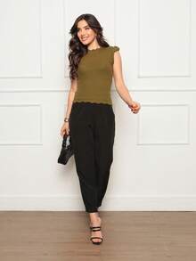 ONLYONE - JAPANESE MODAL SLEEVE CROPPED TOP WITH WAVE DETAIL HEM - FIMINAS BLOUSES KNITTED BLOUSES - 軍綠色 - 查看 2