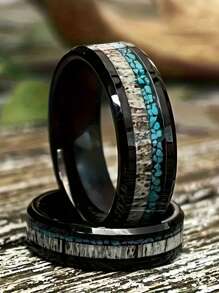 1pc 8mm Men's 201 Stainless Steel Ring With Black Wood And Turquoise - Elegant Modern Design, Durable Non-Plated Metal Ring, Anniversary Gift For Husband, Casual And Formal Jewelry, Layered Rings, Modern Jewelry, High Quality Craftsmanship, For Jewelry Lovers