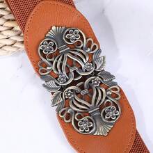 1pc Vintage Metal Buckle Elastic Waist Belt, Versatile For Women Dresses Fall, Autumn, Halloween - Camel - View 4