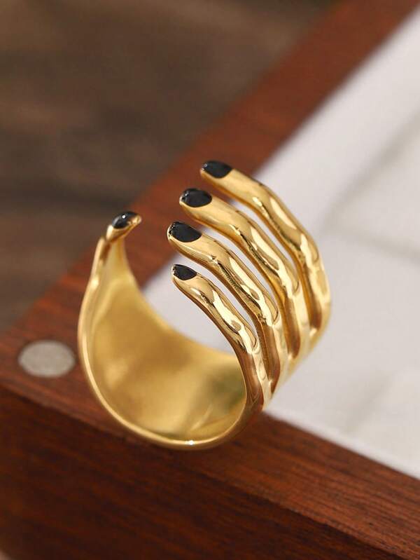 1pc Stainless Steel Gothic Claw Ring - Vintage Stainless Steel Open Design With Black Nail Detail Exaggerated Fashion Ring, Suitable For Women, Avant-Garde Daily And Halloween Party Accessory