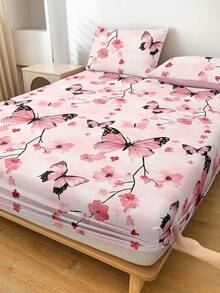 1件蝴蝶花朵图案床笠,床垫保护套,透气防起球床罩,适用于单人床、双人床、大号床、特大号床,四季皆宜,可机洗,防尘防滑,不含枕头和枕套,是节日和情人节的理想礼物。 - 彩色 - 查看 2