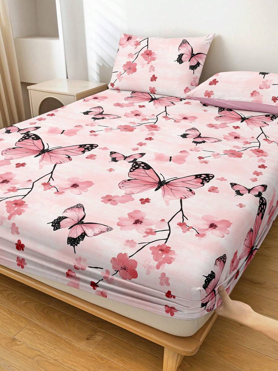 1件蝴蝶花朵图案床笠，床垫保护套，透气防起球床罩，适用于单人床、双人床、大号床、特大号床，四季皆宜，可机洗，防尘防滑，不含枕头和枕套，是节日和情人节的理想礼物。