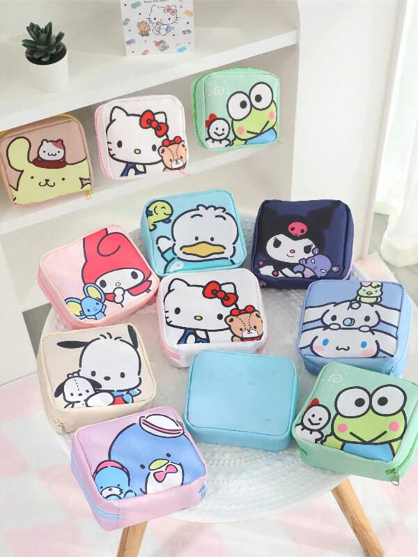 Sanrio Organizador de toallas sanitarias de la familia Sanrio - Hello Kitty, Pom Pom Purin, Kuromi, bolsa pequeña y linda portátil para salir