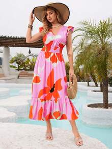 Vestido Largo Con Estampado De Flores Colocadas Para Dama, Vestido Cuello en V,Con Fruncido en Cintura, Vestido Manga de Volante,Vestido Con Ribete Fruncido - Púrpura malva - Ver 5