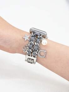 1 件银色星形吊坠表带，适用于女士，兼容 表带 38mm40mm41mm42mm44mm45mm46mm49mm，链条式皮革手链，兼容 Series 10/9/8/7/6/5/4/3/2/1/SE/Ultra，可调节腕带，情人节礼物 - 銀色 - 查看 7