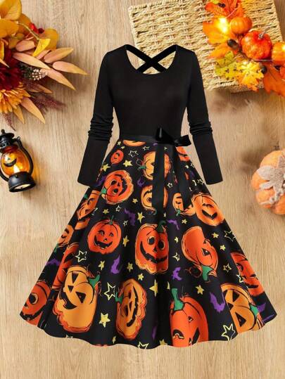 Halloween Kürbis Totenkopf Muster Rundhals Kreuzträger Taille Splice Langarm Glockenkleid mit Schleife