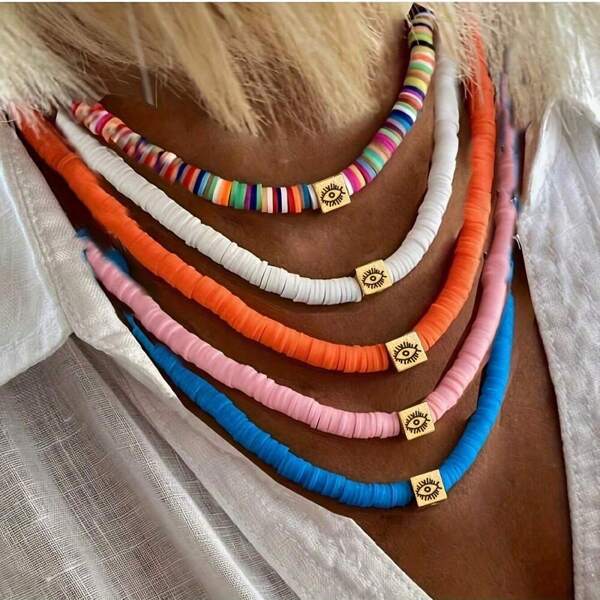 1 Peça Colar de Contas de Argila Polimérica Estilo Boho Chic para Mulheres, Pingente Colorido Ajustável com Detalhes de Strass, Acessório Versátil para Uso Diário e em Festas