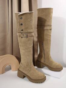 Fashion Reversible Fold-Over Thick Sole Knee-High Boots For Women, New Autumn/Winter Chunky Heel Riding Boots Fuzzy Boots