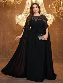 SUPGIR Abendkleid für Damen in Große Größen mit rundem Ausschnitt, Pailletten-Taillengürtel und Chiffon - Schwarz - Übersicht 1