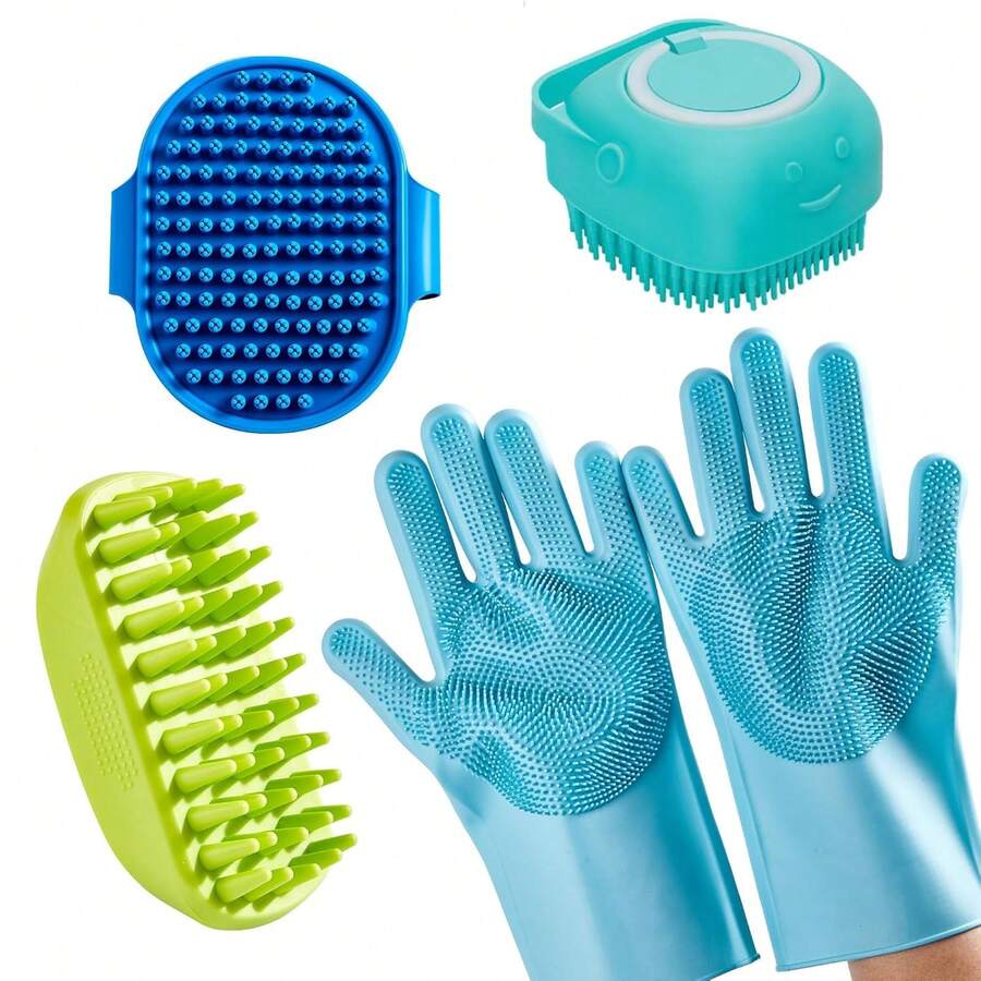 Set de 4 piezas para aseo de mascotas - Cepillo suave para desenredar y guantes de masaje, adecuado para mascotas de pelo corto y largo, herramientas de baño y desenredado (3 * azul + verde) - Azul - Ver 1
