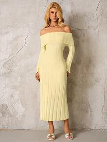 PARTHEA Off Shoulder Knit Solid Color Bodycon Off Shoulder Sweater Dress - Yellow - View 4
