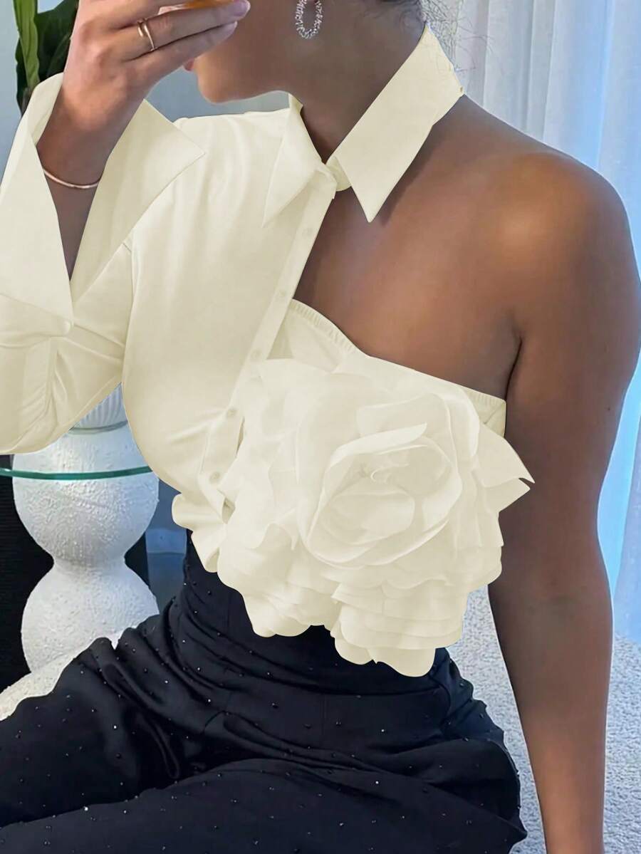 Women's Solid Color 3D Floral Decor Fashion Design Elegant Blouse