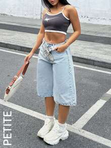 PETITE Women's Y2K Loose Fit Wide Leg Seven-Point Denim Jeans Pants With Butterfly Embroidery Pockets - Light Wash - View 5