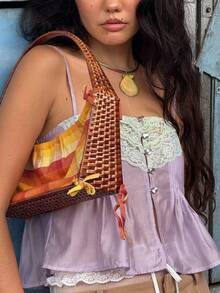 Womens Summer Tie Front Crop Tops Cute Ruffle Ruched Spaghetti Strap Tank Tops Y2K Going Out Shirts - 紫色 - 查看 7