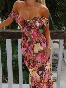 1 件花卉印花优雅性感针织面料系带连衣裙，适合生日派对，秋季