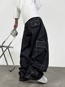 1 Stück amerikanischer Streetwear Stil Patchwork Herren Weite Bein Jeans, lässige weite lange Hose für Ausflüge (ohne Gürtel & Zubehör)