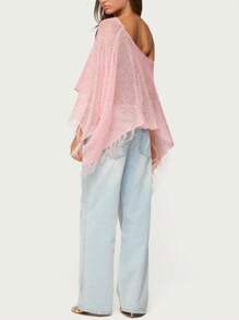 Women Sheer Knit Poncho Top One Shoulder Lightweight Knit Shrug Bolero Solid Color Tassel Bat Sleeve Crochet Crop Sweater Top Sheer Mesh Knit Poncho Asymmetric Off Shoulder See-Through Knit Sweater Beach Cover Ups - 粉色 - 查看 4