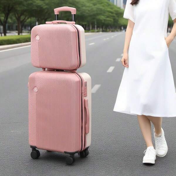 Large Capacity Lightweight Travel Suitcase Set, Macaron Color Block Rolling Luggage With Makeup Bag, Scratch-Resistant Surface, Swivel Wheels, Suitable For School, Vacation, Travel, Outdoor, Beach, Great Gift Bag For School School Accessories School Stuff