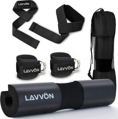 Barbell Squat Pad Set- Nylon Padding Anti Slip- Thick Foam Barbell Pad Squats Cushion,Lunges Bar Padding Thrusts -Standard  Weight Bar Pad(Wrist Straps Weightlifting-Ankle Straps)