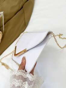 Solid Color Textured Metal Edged Shoulder Bag, Flap Chain Envelope Bag, Crossbody Bag, Wallet, Phone Pouch, Suitable For Dates/Formal Events, Shopping, Wallet, Shopping, Young Women, College Students, Newlyweds, Office Ladies. Ideal For Office, University, Work, Business, Commuting, Outdoor Activities, Travel And Outings - White - View 8