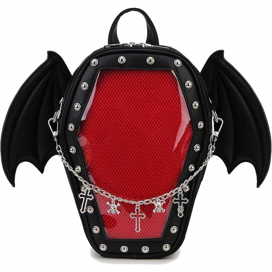 Goth Coffin Backpack With Detachable Bat Wing Halloween Coffin Ita Punk Shoulder Bag For Enamel Pins DisplaySkull ChainBlack-0029 - SkullChainBatWings-black - View 1
