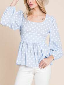 Womens Casual Peplum Blouse Romantic Vintage Inspired Polka Dot Pattern Square Neck Top Baby Blue Lantern Long Sleeve Empire Waist Gathered Ruffle Design Spring Summer Babydoll Shirt Sweet Elegant Daily Wear - 淺藍色 - 查看 4