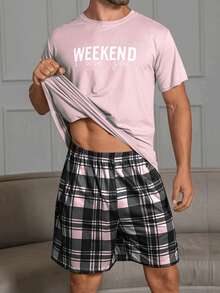 轻便男士夏季睡衣套装，圆领字母印花衬衫和格子印花短裤，2 件套休闲舒适睡衣套装 - 彩色 - 查看 5