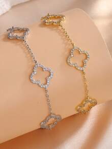 1 件奢华女士三叶草花卉水钻装饰手链，适合日常佩戴 - 手鍊 - 查看 1